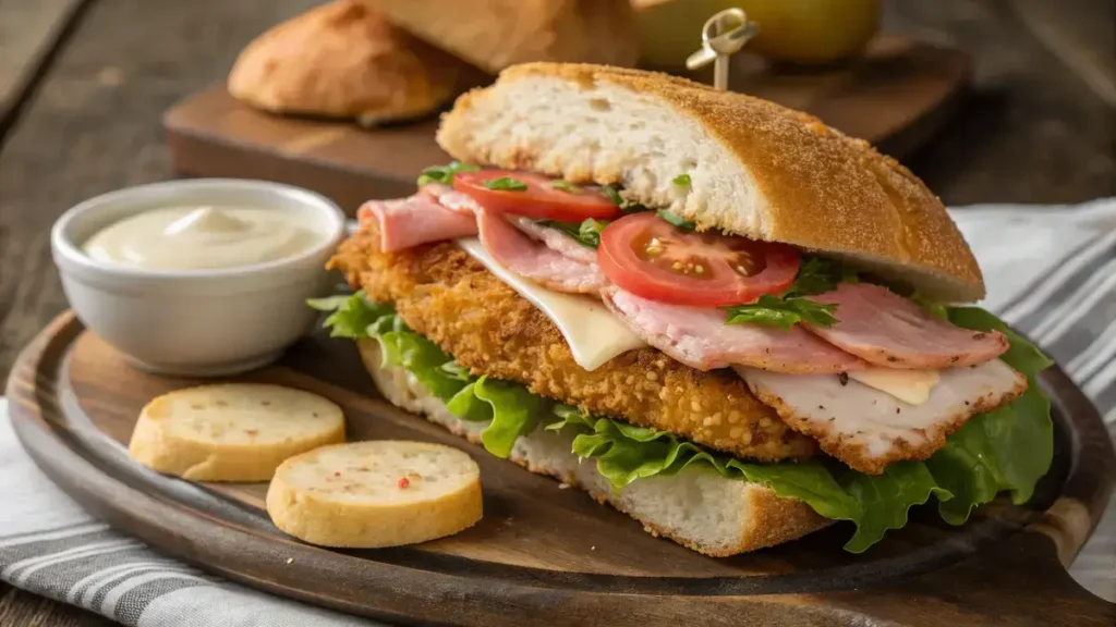 Delicious chicken cordon bleu sandwich with crispy breading and fresh toppings.