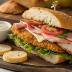 Delicious chicken cordon bleu sandwich with crispy breading and fresh toppings.