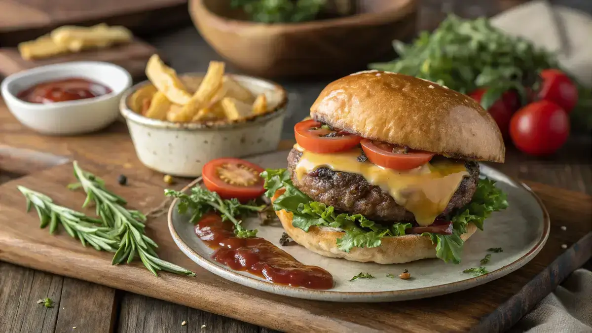 Delicious elk burger with cheese, lettuce, and tomato on a toasted bun, served with fries.
