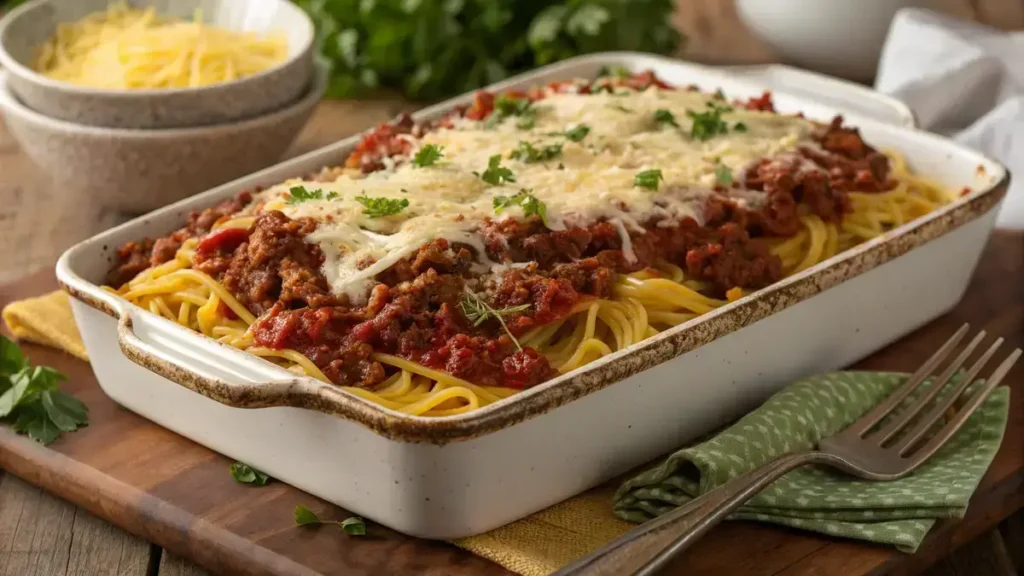 A delicious serving of Million Dollar Spaghetti with layers of cheese and meat sauce, garnished with herbs.