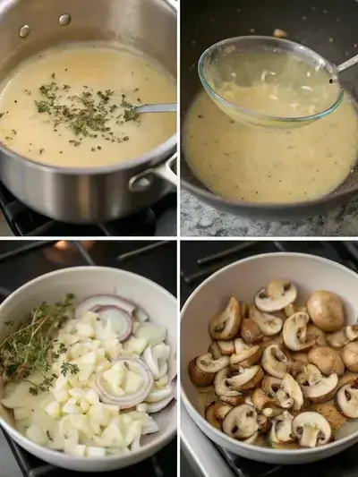 Step-by-step preparation of mushroom bisque, including melting butter, cooking onions, sautéing mushrooms, and serving the final soup.