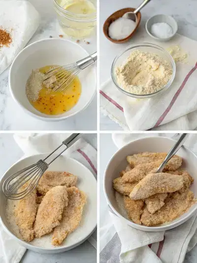 Step-by-step process of preparing breaded chicken strips, including drying chicken, mixing flour and spices, whisking eggs, and preparing breadcrumbs.