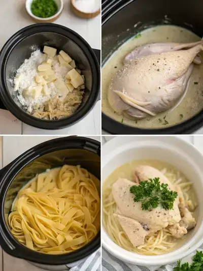 Step-by-step preparation of CROCKPOT CHICKEN ALFREDO PASTA, including chicken in a crockpot, added seasonings, chicken broth, and the final garnished dish.