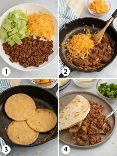 Step-by-step preparation of cheesy gordita crunch, including cooking beef, adding seasoning, warming shells, and assembling with toppings.
