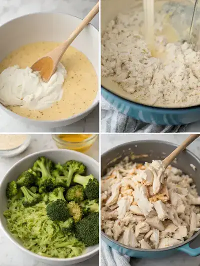 Step-by-step preparation of chicken broccoli rice casserole, including mixing sauce, adding ingredients, and transferring to a baking dish.