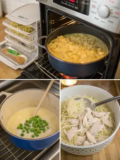 Step-by-step preparation of chicken noodle casserole, including preheating the oven, cooking noodles, mixing ingredients, and assembling the dish.