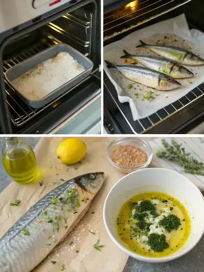 Step-by-step preparation of a mackerel recipe, including preheating the oven, rinsing fillets, mixing ingredients, and arranging fillets on a baking sheet.