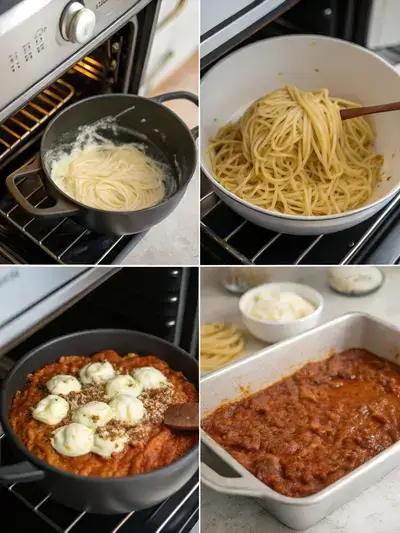 Step-by-step preparation of Million Dollar Spaghetti, including preheating the oven, cooking spaghetti, sautéing vegetables, and layering ingredients.