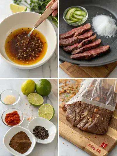 Step-by-step preparation of skirt steak, including marinade, grilling, and resting.