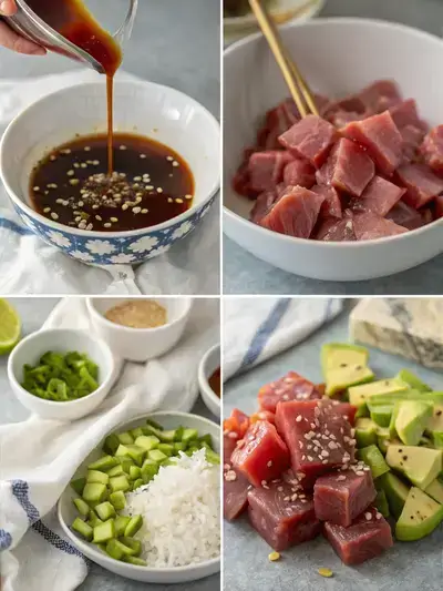 Step-by-step preparation of Yellowfin Poke, showcasing tuna, dressing, and fresh ingredients.