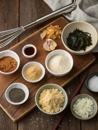 A collection of ramen seasoning ingredients displayed in small bowls on a wooden table, with a whisk nearby.