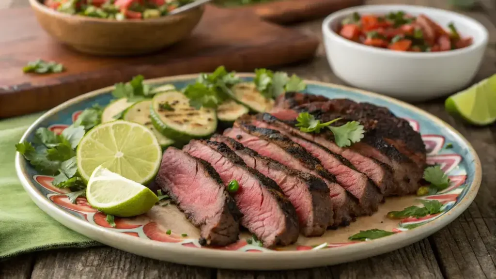 Delicious carne asada served with lime wedges and cilantro on a rustic wooden table.