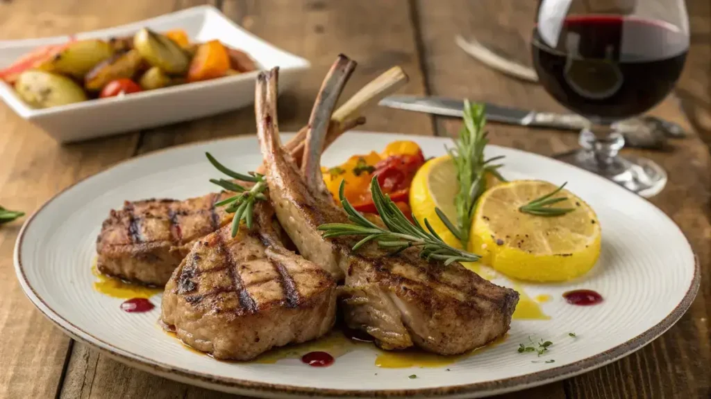 Delicious mutton chops garnished with rosemary and lemon juice on a rustic table.