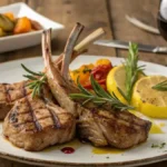 Delicious mutton chops garnished with rosemary and lemon juice on a rustic table.