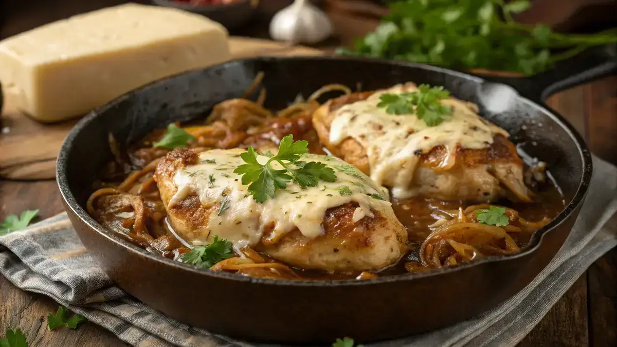Delicious French onion chicken with melted cheese and caramelized onions in a skillet.