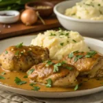 Delicious smothered chicken with gravy and parsley on a wooden table.
