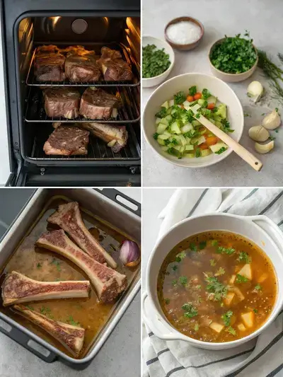 Four-step process of making Beef Bone Soup, including roasting bones, adding vegetables, simmering broth, and serving the soup.