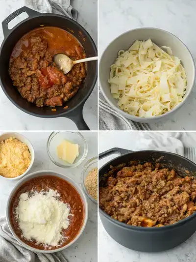 Step-by-step process of making CROCKPOT LASAGNA, including browned ground beef, ricotta mixture, layering in a crockpot, and the finished dish.