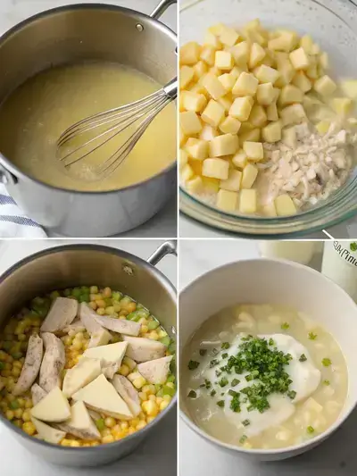 Step-by-step preparation of chicken corn chowder in a divided image, showcasing melting butter, sautéed vegetables, adding garlic and flour, whisking in chicken broth, and stirring in chicken and corn.