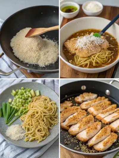 Step-by-step preparation of Chicken Katsu Ramen, including seasoned chicken, frying, broth preparation, and assembly with garnishes.