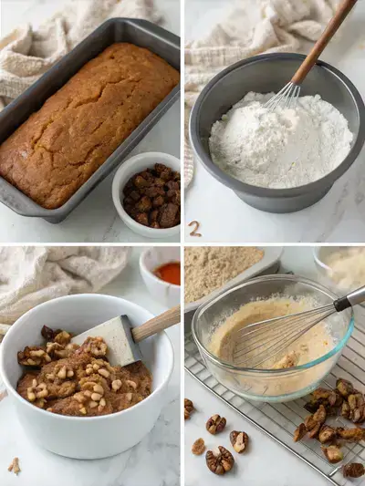 Four-step process of making date nut bread, including greasing a loaf pan, preparing dates, mixing dry ingredients, and folding in walnuts.