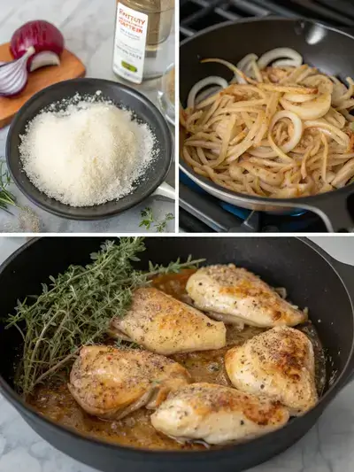 Step-by-step preparation of french onion chicken, showcasing seasoned chicken, caramelized onions, and melted cheese in a skillet.