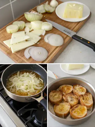 Step-by-step preparation of french onion soup, including slicing onions, melting butter, caramelizing onions, and assembling the soup with cheese.