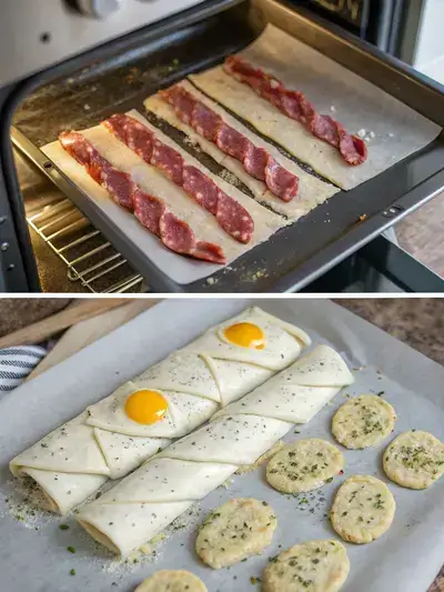 A step-by-step visual guide to making salami sticks, showcasing the preparation process with puff pastry, salami, and cheese.