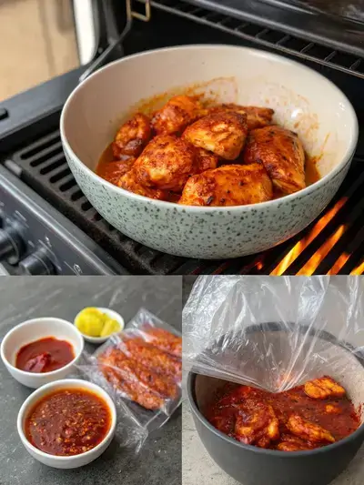 Four-step process of making peri peri chicken, including marinade preparation, marinating chicken, preheating the grill, and grilling the chicken.