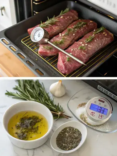 A step-by-step visual guide for preparing lamb tenderloin, showcasing the oven preheating, marinade preparation, marinating the lamb, and searing in a skillet.
