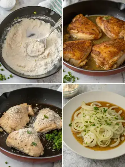 Step-by-step preparation of smothered chicken, including dredging, browning, sautéing onions, and serving with gravy.