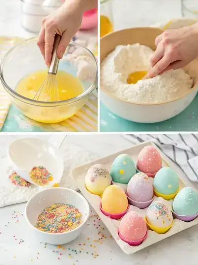 Four-step process of making sugar Easter eggs, including mixing ingredients, coloring dough, molding eggs, and decorating with sprinkles.