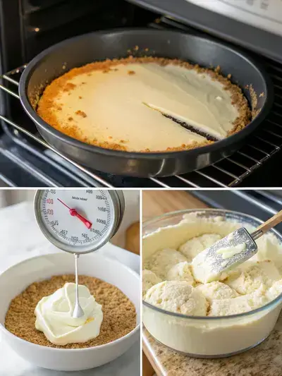 Step-by-step process of making Woolworth cheesecake, including preheating the oven, preparing the crust, mixing the filling, and pouring it into the pan.