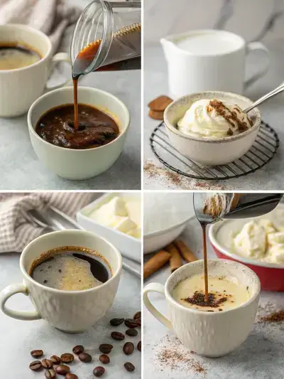Step-by-step preparation of tiramisu coffee, showcasing brewed coffee, mascarpone mixture, and garnishing with cocoa and ladyfinger crumbs.