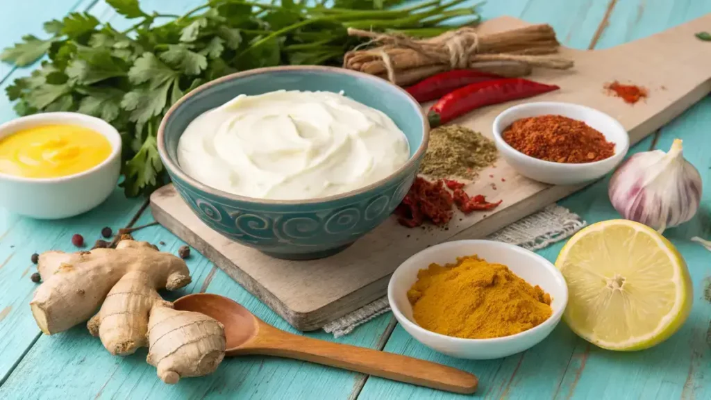 Ingredients for tandoori paste including yogurt, spices, and lemon juice arranged on a wooden surface.