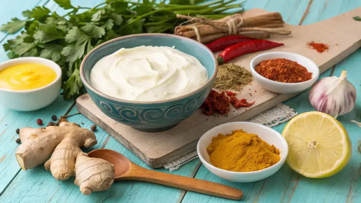 Ingredients for tandoori paste including yogurt, spices, and lemon juice arranged on a wooden surface.