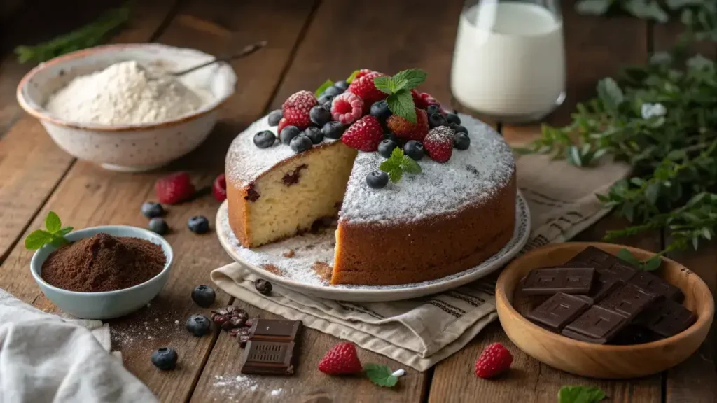 A dairy free cake made from cake mix, topped with fresh berries and powdered sugar.