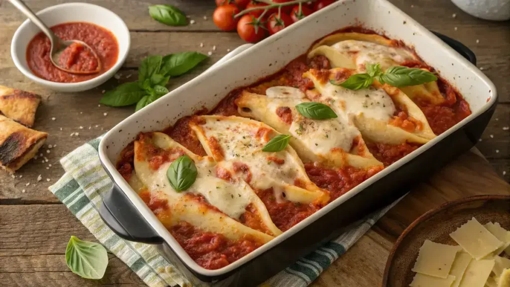 Baking dish of frozen stuffed shells topped with marinara sauce and cheese, garnished with basil.