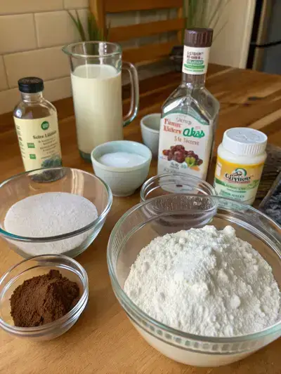 Ingredients for dairy free cake mix displayed on a kitchen table.