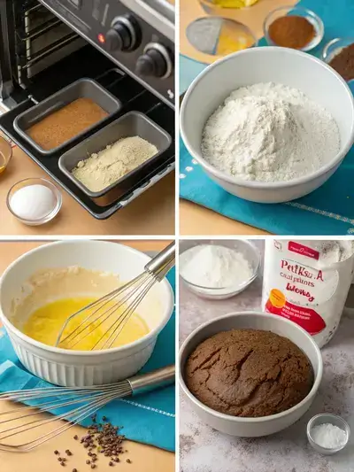 Step-by-step process of making dairy free cake mix, including preheating the oven, preparing the cake pan, mixing dry ingredients, and adding wet ingredients.