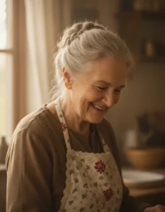 Warm portrait of a smiling grandmother in a cozy kitchen Elderly woman with braided gray hair and a floral apron smiling while cooking in a sunlit, rustic kitchen