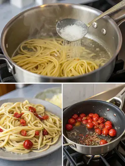 Depiction of the preparation of Barilla Linguine, showcasing boiling water, pasta being added, sautéed garlic with red pepper flakes, and cherry tomatoes incorporated.