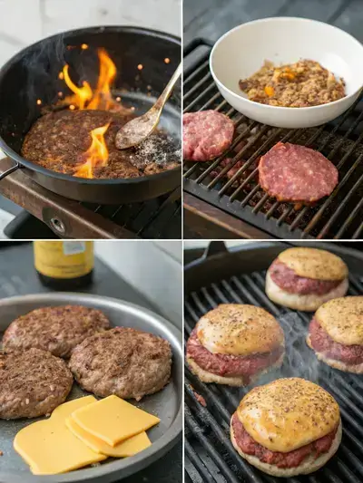 Step-by-step preparation of brisket burgers, including mixing ingredients, forming patties, and grilling with cheese.