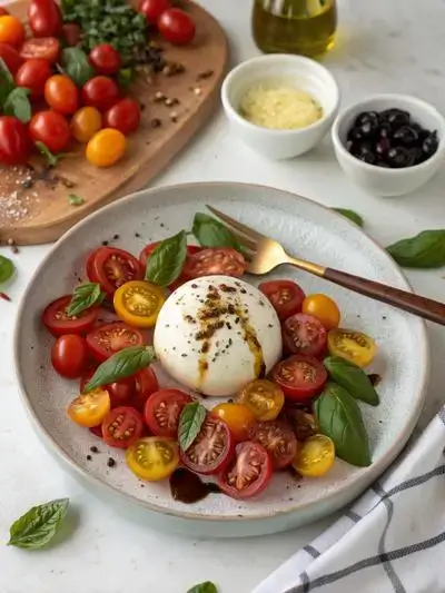 A visually appealing arrangement of a burrata ball with cherry tomatoes and basil on a serving plate, showcasing the preparation steps.