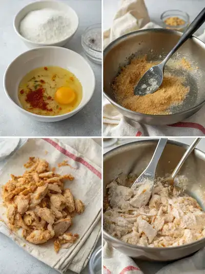 Stages of making Chicken Fritters, highlighting batter mixing, frying, and oil draining.