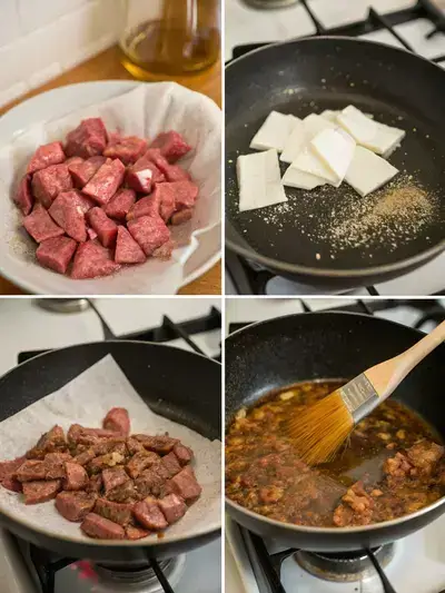 Step-by-step process of preparing chopped sirloin, including patting dry, seasoning, heating the pan, and cooking.