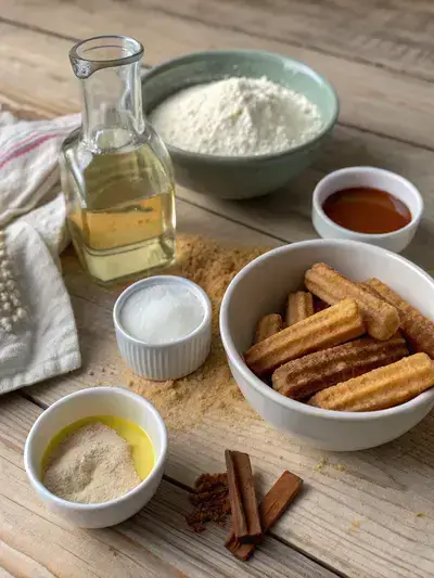 Ingredients for churro chips displayed on a kitchen table.