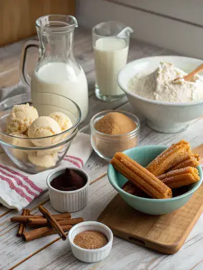 Ingredients for Churro Ice Cream displayed on a kitchen table.