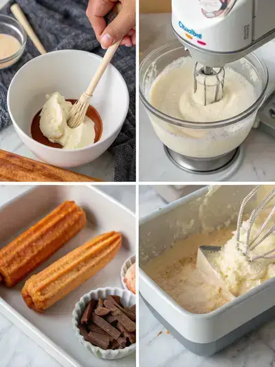 Step-by-step process of making Churro Ice Cream, including whisking the base, churning the mixture, freezing the ice cream, and coating churros in cinnamon sugar.