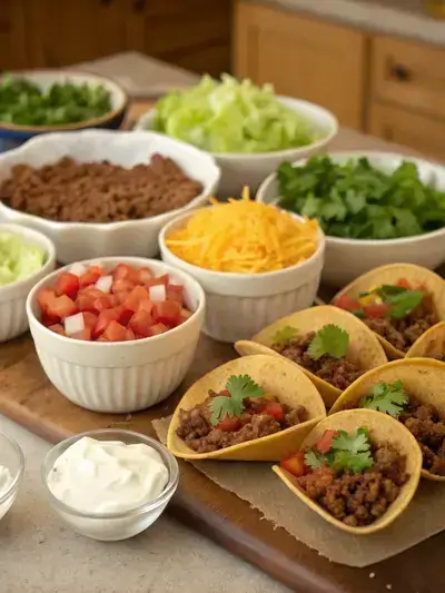 An assortment of ingredients for mini tacos displayed on a kitchen table.